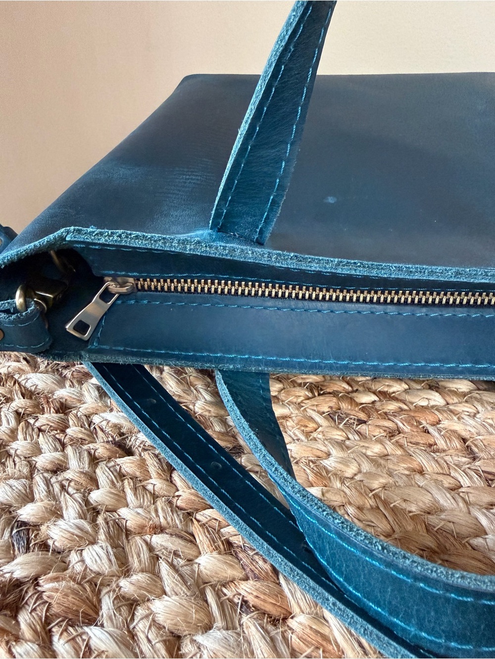 Portland Leather Goods Crossbody Tote in Westward Blue w/ Gray Canvas Organizer - Picture 5 of 15